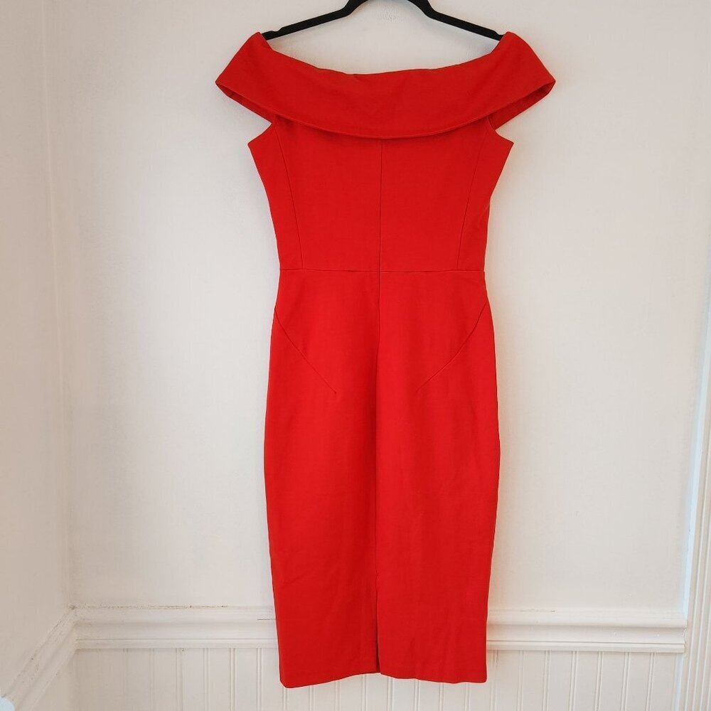Zara Basic Off-Shoulder Red Midi Cocktail Dress Stretch Ponte Knit Christmas S - Picture 3 of 9